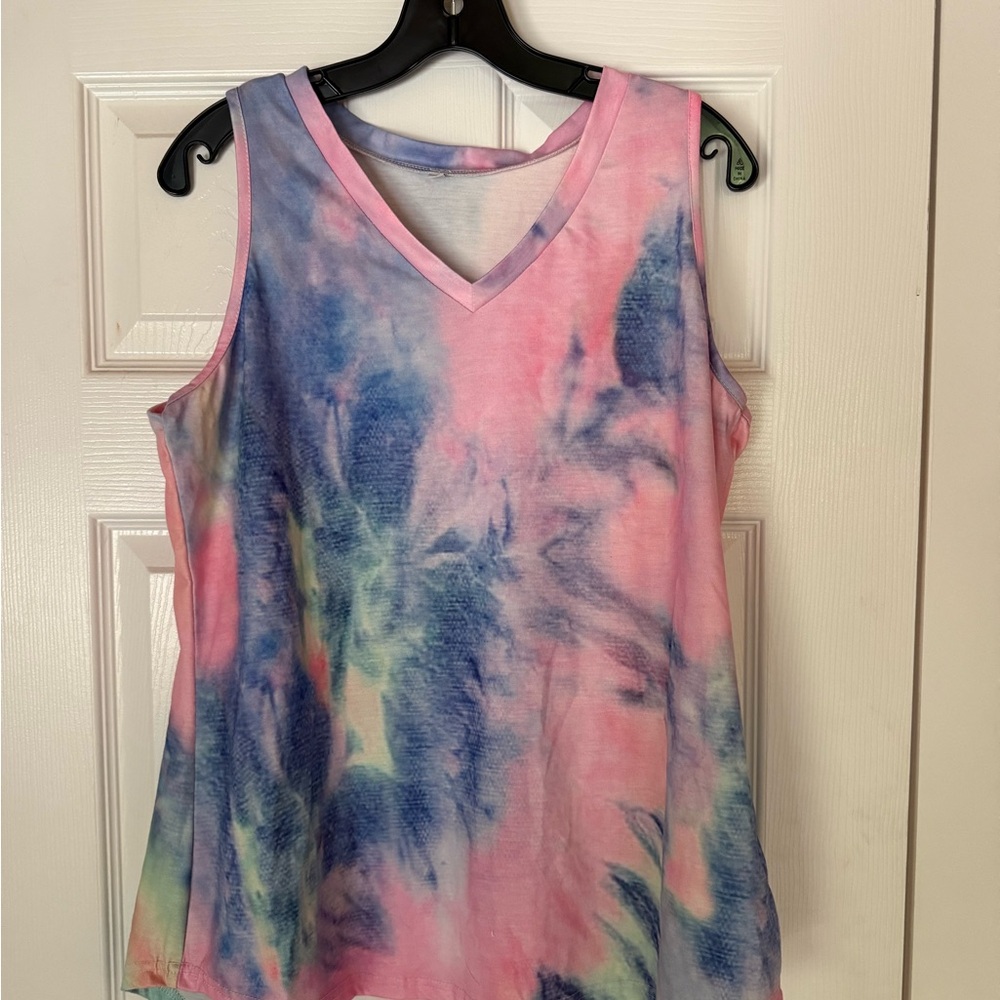 Pink and Blue Tie-Dye Tank Top with V-Neckline